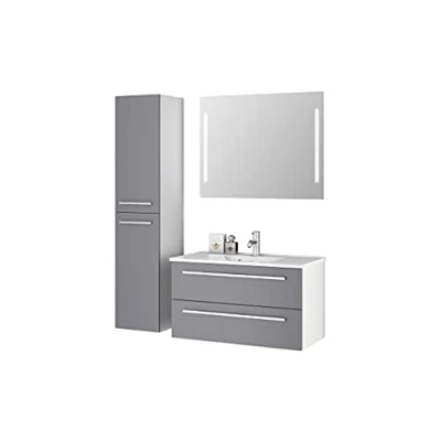 Abbildung von Sieper I Badmöbel Set Libato, Waschtisch mit Unterschrank 90 x 50 cm, Hochschrank und Badspiegel Arktisgrau