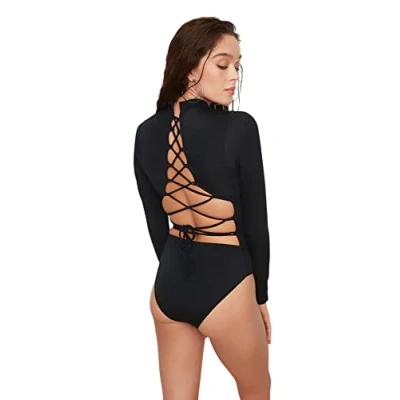 Abbildung von TRENDYOL Damen Langarm Zurück Detaillierter Surfen Thematischer Badeanzug One Piece Swimsuit, Schwarz, 36 EU