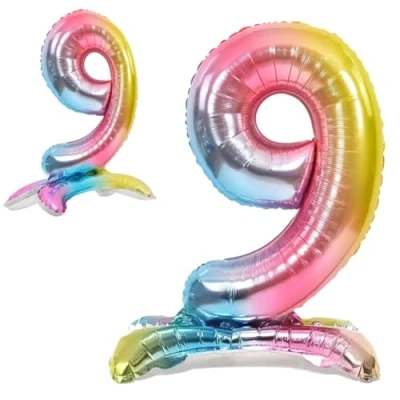 Abbildung von Luftballon 9. Geburtstag Zahl 9 Mehrfarbig Pastell Stehende XXL Riesen Folienballon 82cm Geburtstagsdeko Ballon Deko zum Geburtstag.
