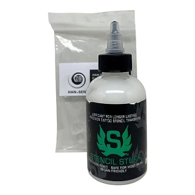 Abbildung von Stencil Stuff Abzugsflüssigkeit 125 ml Abzugscream Schablone/Skizze Transfer + 5 Farbkappen von HAN SEN GmbH