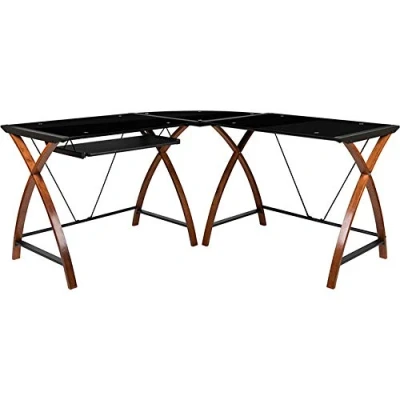 Abbildung von Flash Furniture Jude Eck Computertisch mit ausziehbarer Tastaturablage aus Glas, L Form, Schwarz