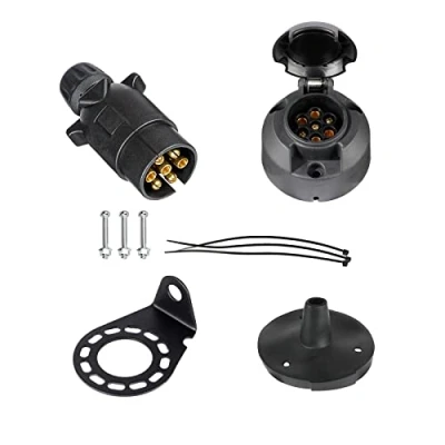 Abbildung von BEIJISTAR Anhängerstecker &amp; Steckdose 7 Polig mit Gummidichtung und Metallhalterung, 12V Wasserdichter Poliger Steckdose, für LKW RV Autos Boot Anhänger Zubehör (Schraubende)