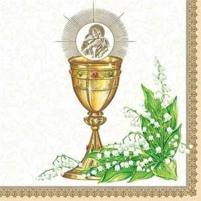 Abbildung von 20 Servietten Kelch an Maiglöckchen Gold zur Kommunion, Konfirmation und Taufe für Jungen Mädchen 33x33cm