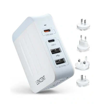 Abbildung von LENCENT Universeller Reiseadapter, 45W Mehrfach USB Ladegerät, Internationaler Adapter mit 2 PD Typ C+2 Anschlüssen, Weltweiter Reisestecker für A/C/G/I (USA/UK/EU/AUS) Steckdosen, Weiß