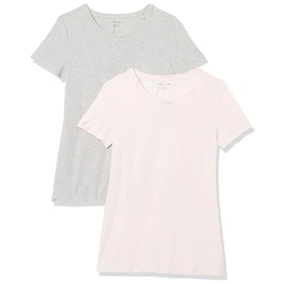 Abbildung von Amazon Essentials Damen Kurzärmeliges T Shirt mit Rundhalsausschnitt, Klassischer Schnitt, 2er Pack, Hellgrau Meliert/Hellrosa, L