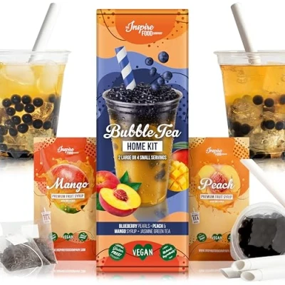 Abbildung von INSPIRE FOOD Bubble Tea Set Blaubeer Boba 100g, Pfirsich Sirup 30ml, Mango 4x Strohhalme + 2x Jasmin Tee 100% vegan, glutenfrei, ohne künstl. Farbstoffe