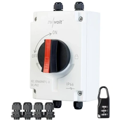 Abbildung von revolt Solar Trennschalter: DC Trennschalter, 4 polig, bis 1.200 V, 40A, Kabeldurchführungen, IP66 (DC Trennschalter Strings, PV Hauptschalter)