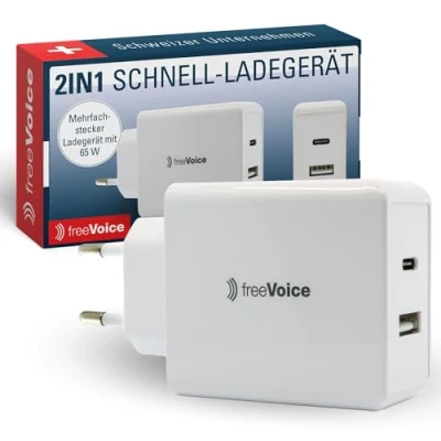 Abbildung von freeVoice Schnellladegerät (1x USB A &amp; 1x C) 65W, C Netzteil für Steckdose/Mehrfachstecker Ladegerät Schnellladen Universale Kompatibilität