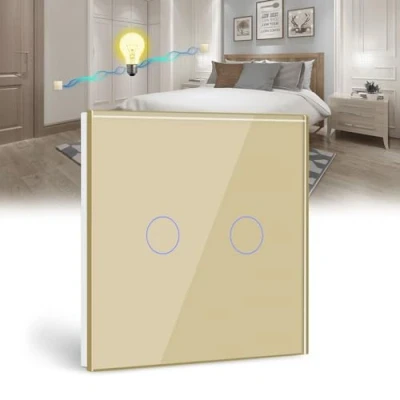 Abbildung von BSEED Touch Lichtschalter 2 Fach Wege Glas Gold LED Schalter Touchscreen Funktioniert mit Lampe EU Standard(Nicht Smart Schalter)