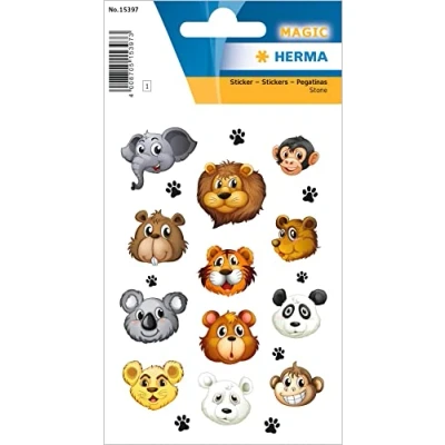 Abbildung von HERMA 15397 Aufkleber Tiergesichter klein, 20 Stück, Tiere Sticker mit Löwe Tiger Koala Affe Panda Bär Elefant Biber Motiv, Kinder Etiketten für Fotoalbum Tagebuch Scrapbooking Geburtstag Deko Basteln