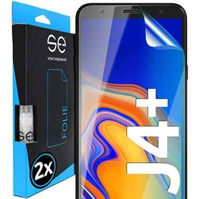 Abbildung von s.e Schutzfolie für Samsung Galaxy J4 Plus, 2 Stück, Full Screen, Positionierhilfe, J4+ Schutzfolie, transparente Displayfolie, funktionierende Alternative zu Schutzglas, Schutzglasfolie