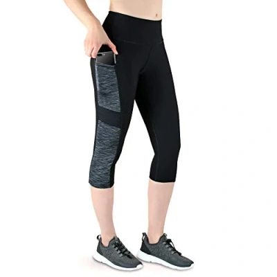 Abbildung von VS Sport Leggin Damen Capri 3 4 mit Seitentaschen für Handy, Schlüssel, Kreditkarte und Co. Fitness Tights Schwarz Muster Yoga Hose Sporthose Jogging High Waist. Grey Black M