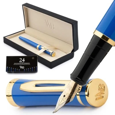 Abbildung von Wordsworth &amp; Black Füllfederhalter Set, gebogene Feder, inklusive 24 Tintenpatronen, Tintennachfüllkonverter Geschenkbox, Kalligraphie, [Kaiserblau], Perfekt für Männer Frauen