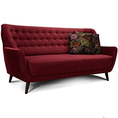 Abbildung von CAVADORE 3 Sitzer Sofa Abby / Retro Couch im Samt Look mit Knopfheftung 183 x 89 88 Samtoptik, rot