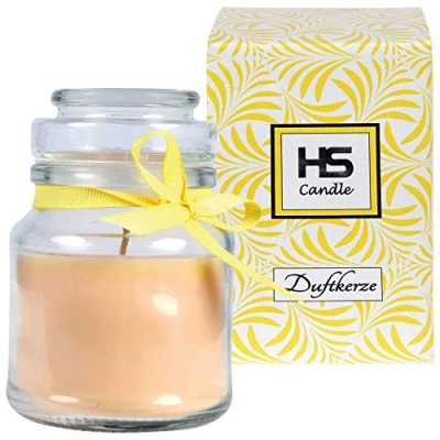 Abbildung von HS Candle Duftkerze Vanille im Glas, Kerze 10cm x Ø7cm in Geschenkbox, 120gr. Wachs Brenndauer ca. 30 Stunden, Duft BonBon Glas mit Deckel