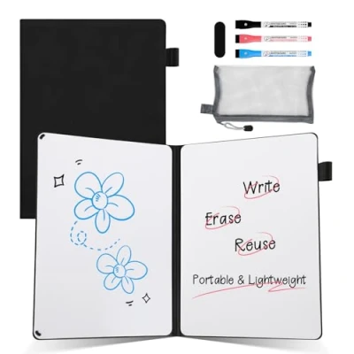 Abbildung von AGM A5 Mini Whiteboard, Kleines tragbare Schreibtafel mit 3 Farbstiften, Radiergummi und Netzbeutel für Büro, Arbeitszimmer, Klassenzimmer Zuhause Schwarz