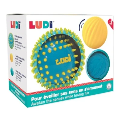 Abbildung von LUDI 3 sensorische Bälle, weich, strukturiert, Spielzeug für Babys ab 6 Monaten entwickelt Berührung, Feinmotorik &amp; Wohlbefinden Durchmesser: 8 15 cm Blau Gelb