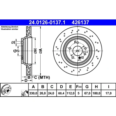 Abbildung von ATE 24.0126 0137.1 Bremsscheibe 330,0 26,0 5 112,0 gelocht/innenbel. beschichtet legiert/hochgekohlt MERCEDES BENZ: S Klasse Limousine, Coupe