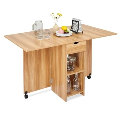 Abbildung von Mondeer Mobiler Klapptisch, Klappbarer Esstisch Geeignet für kleine Räume mit 1 Schublade und 2 Ablagen Esszimmer Küche, Roteiche H1071KT01RO 72 x 120 75 cm