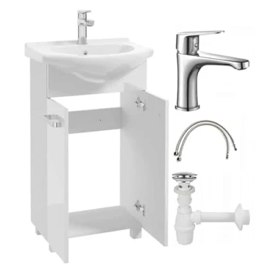 Abbildung von Deftrans Waschbecken mit unterschrank stehend Badmöbel Set 85x50x40 cm, weißer Hochglanz, Waschbeckenunterschrank und Armatur klick Stecker, Badezimmer
