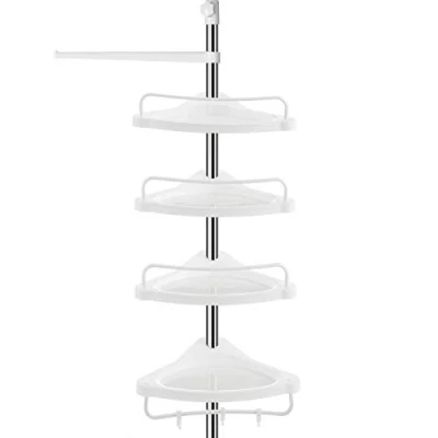 Abbildung von SONGMICS Duschregal höhenverstellbar, Eckregal fürs Badezimmer, Badregal, 95 300 cm, Boden bis Decke, Edelstahl, 4 Ablagen, 3 Haken, 1 Handtuchhalter, weiß silbern BCB02SW