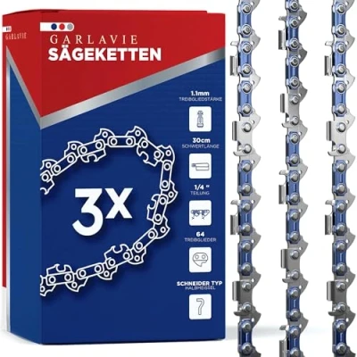 Abbildung von Garlavie Set mit 3 kettensäge kette 30cm 3/8 64 TG 1.1 Treibglieder Sägeketten 1,1 kompatibel vielen Marken Hochwertige motorsägenkette.
