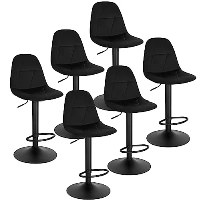 Abbildung von Lestarain Barhocker 6er Set, Tresenhocker, Bistrohocker, Design Hocker mit Rückenlehne, höhenverstellbar, 360Drehhocker, Barstuhl Samtbezug, aus Metall, Sitzhöhe 60 81 cm, schwarz, LBAI64003 6