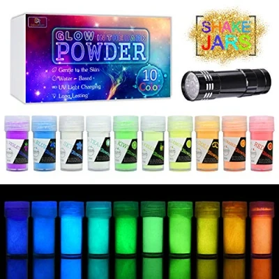 Abbildung von Leuchtender Epoxidharz Farbe Pigment Pulver mit UV Lampe 10 Farben Selbstleuchtend Im Dunkeln Epoxid Harz Farbpigment Leuchtpulver für Slime, Nail Art, Malen, Acrylfarbe und DIY Basteln je 20g