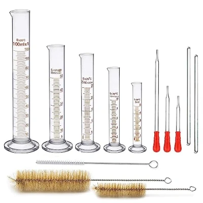 Abbildung von Messzylinder Glas, JESSTOLO 13 Stück Dickglas Graduierten Glasmesszylinder Set Chemistry Messung Werkzeuge mit 5 Meßzylinder 5ML 10ML 25ML 50ML 100ML, 3 Waschbürste, Glas Pipetten und 2 Glasstab