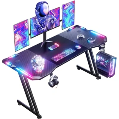 Abbildung von HLONONE 160 x 60 cm Gaming Tisch, Schreibtisch mit LED, PC Tisch Kohlefaseroberfläche, Stabiler Computertisch für Kopfhörerhaken und Getränkehalter, Schwarz