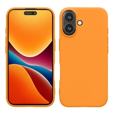 Abbildung von kwmobile Hülle kompatibel mit Apple iPhone 16 weiches TPU Silikon Case Cover geeignet für kabelloses Laden Fruity Orange