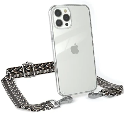 Abbildung von EAZY CASE Handykette Verstellbarer Gurt kompatibel mit iPhone 12 Pro Max, Schulterriemen, Flache Kordel, Handykordel Hülle, Hülle Kette, Anthrazit/Schwarz Metall Silber