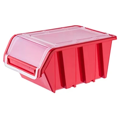 Abbildung von KADAX Stapelkiste mit Deckel, Lagerbox aus PP Kunststoff, Sichtlagerbox in verschiedenen Größen und Farben, Lagerboxen Klappe für Werkzeugswand (Rot, 1 Stück 230x160mm)