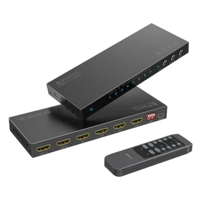 Abbildung von HDMI Matrix 4x2 4K 60Hz, PORTTA Switch Splitter 4 in 2 Out mit Toslink 3.5mm Audio Extractor ARC 16 EDID Modes Downscale, und IR Fernbedienung Unterstützt 2.0b HDCP 2.3/2.2 HDR 3D