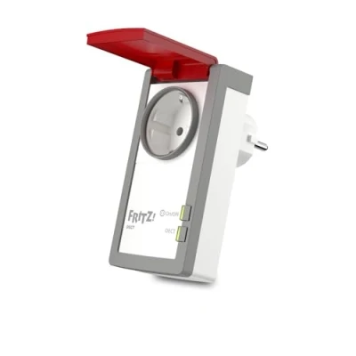 Abbildung von AVM FRITZ!DECT 210 International, intelligente Steckdose mit Spritzwasserschutz, internationale Version, Weiß/ rot, Einheitsgröße
