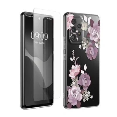 Abbildung von kwmobile Hülle kompatibel Mit Samsung Galaxy A53 5G Handyhülle Silikon Case Transparent Glas Schutzfolie Blumenblüten und Rosen Pastelllila