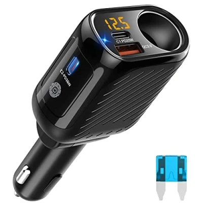 Abbildung von Dual PD USB C Auto Ladegerät 150W: KFZ Zigarettenanzünder Verteiler Adapter 12V Mehrfach Steckdose 12 Volt DC Stecker Splitter mit Schalter LED Voltmeter für iPhone Sitzheizung GPS Kamera Navi