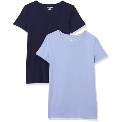 Abbildung von Amazon Essentials Damen Kurzärmeliges T Shirt mit Rundhalsausschnitt, Klassischer Schnitt, 2er Pack, Marineblau/Purpur, S