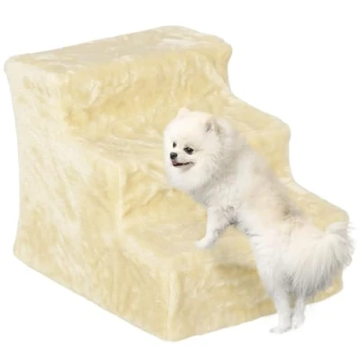 Abbildung von PawHut Haustiertreppe 3 stufige Hunderampe mit abnehmbarer Bezug (Katzentreppe, 1 St., Hundetreppe), Beige, 46 x 35 cm