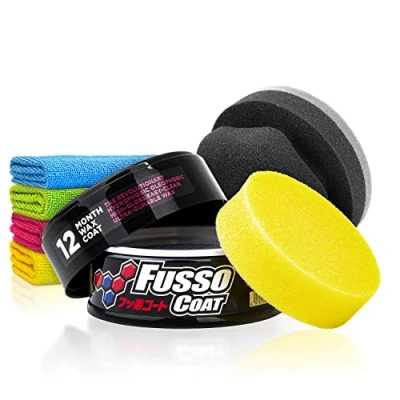 Abbildung von Soft99 Fusso Coat Dark 12 Months (200g) Auto Wachs Versiegelung Set Hartwachss mit Langzeitschutz &amp; Glanz für schwarze dunkle Lacke Wax, Lackversiegelung, Langzeitversiegelung 7 teilig