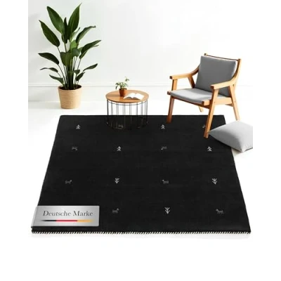 Abbildung von carpetfine Wollteppich Gabbeh Uni Quadratisch Schwarz 120x120 cm Moderner Teppich für Wohn und Schlafzimmer