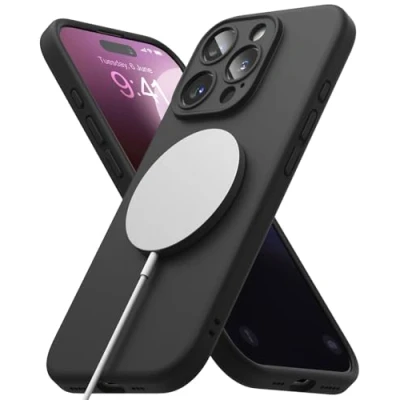 Abbildung von Ringke Silicone Magnetic Case [Kompatibel mit MagSafe] für iPhone 16 Pro Hülle, Weiche Beschichtung Anti Kratzer Schlank Leicht Schutz Handyhülle Magnet Ladegerät/Zubehör Black