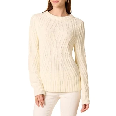 Abbildung von Amazon Essentials Damen Pullover mit Rundhalsausschnitt und Zopfmuster aus 100 % Baumwolle, Elfenbein, S