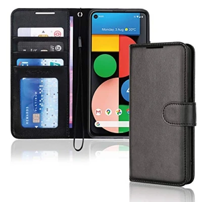 Abbildung von TECHGEAR Leder Hülle Pixel 4a 5G PU Flip Case Schutzhülle Ledertasche [Brieftasche] Handyhülle mit Ständer und Handschlaufe Beutel kompatibel Google (Nicht 4a) Schwarz