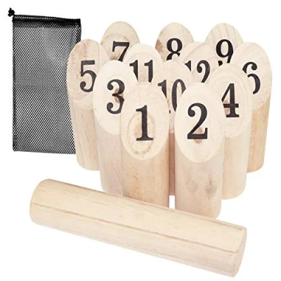 Abbildung von WELLGRO finnisches Wurfspiel 14 TLG. für 2 8 Spieler, massiv Holz, Wikingerspiel inkl. Spielanleitung und Netzbeutel Wikingerkegeln Nummernkubb