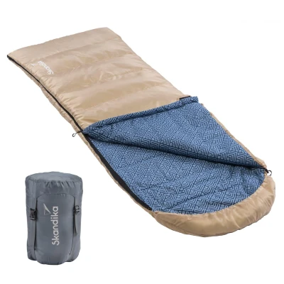 Abbildung von Skandika Deckenschlafsack Dundee Flanell Baumwolle, Luxus Qualität, koppelbar, Doppelschlafsack, bis 20C, 220 x 80 cm/ 160 cm Outdoor Camping Schlafsack (Beige/H&#039;blau RV Links)