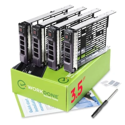 Abbildung von WORKDONE 4er Pack 3,5 Zoll Festplatten Caddy kompatibel für Dell PowerEdge Server Handbuch Aufkleber Vorderseite Schraubendreher Schrauben Festplattenfach
