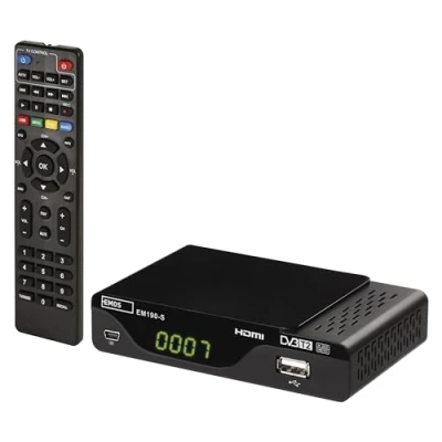 Abbildung von EMOS DVB T2 HD Receiver H.265 HEVC mit USB, HDMI, SCART und Koaxial Anschluss, Fernbedienung Infrarot Sensor, PVR, Mediaplayer EPG Funktion, 1080p