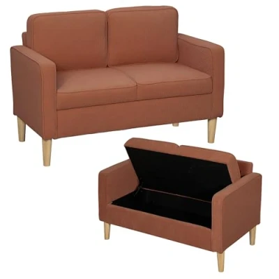 Abbildung von HOMCOM Sofa 2 Sitzer klein Couch mit Armlehne, Stauraum, modern Polstersofa Cordoptik, Holzbeine, Kissen, Loungesofa für Wohnzimmer, Schlafzimmer, 117 x 63 79 cm, Rosa