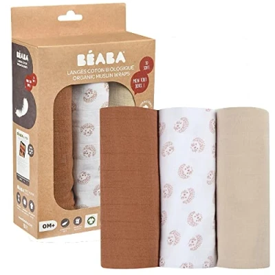 Abbildung von BÉABA, 3 er Set Mullwindeln, Spucktücher, Bio Baumwollmusselin, Mehrzwecktücher: Wickeldecke, Lätzchen, Kuscheltuch, Superweich, Luftdurchlässig, Groß, 70 x 70, Ökologisch und Gesund, Motiv Igel